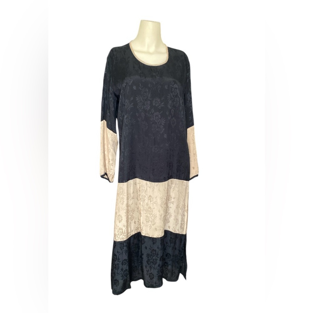 Vintage 90s Papy Boez Elegant Brocade floral Black and Tan Women's Dress M/L